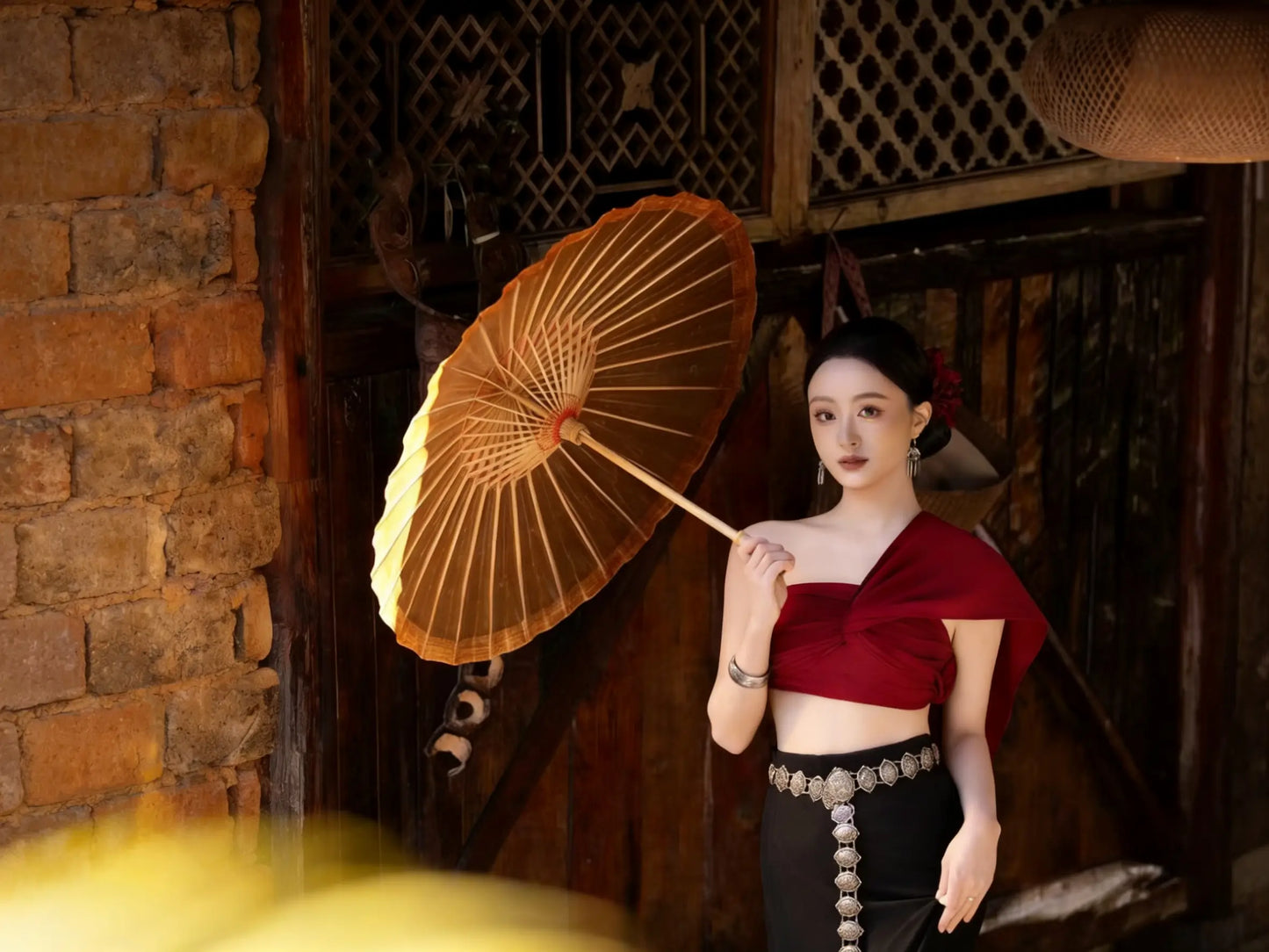 Golden Flower Heritage Paper Umbrella 75cm - Hand-Painted Dai Craft by ArtisanYun