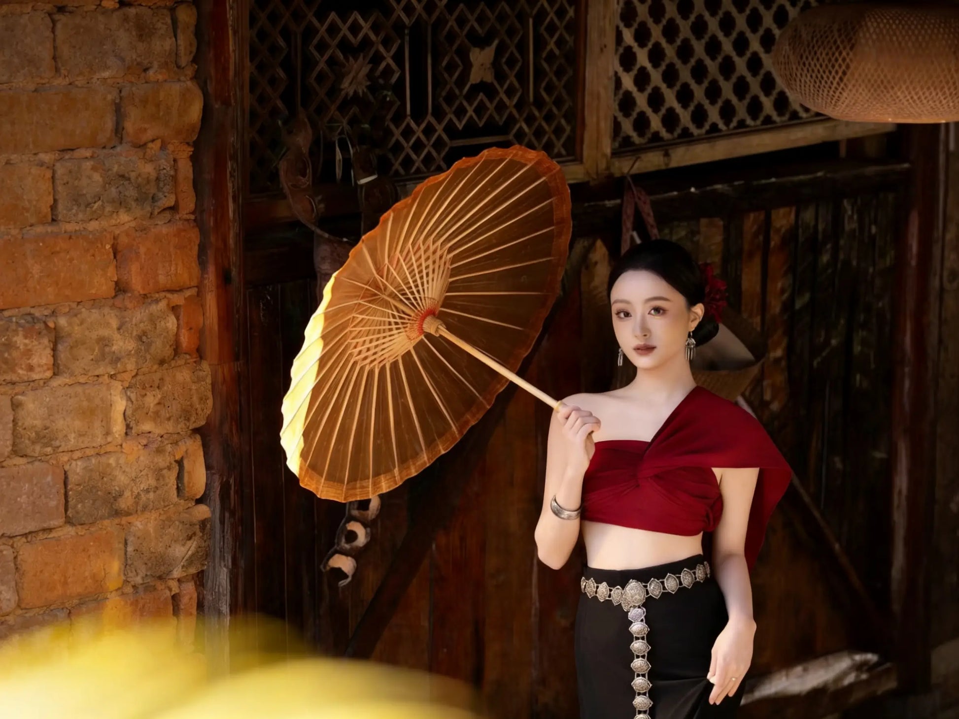 Golden Flower Heritage Paper Umbrella 75cm - Hand-Painted Dai Craft by ArtisanYun