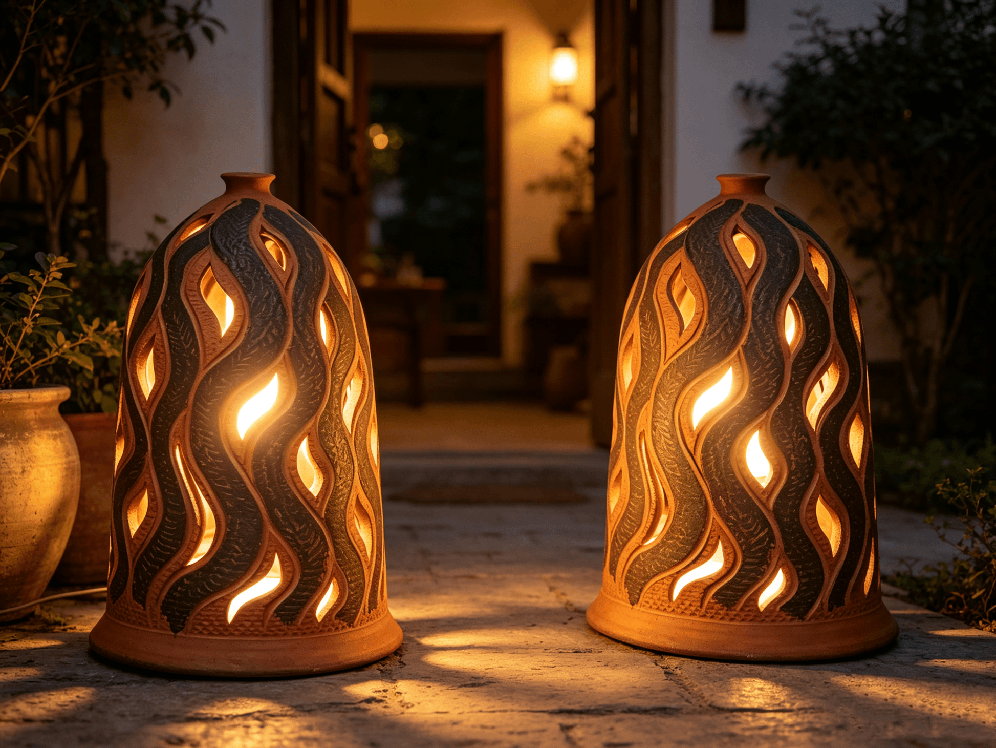 Bohemian Hollow Leaf Pattern Terracotta Lampshade, Handcrafted Clay Lampshade, Yunnan Gengga Pottery