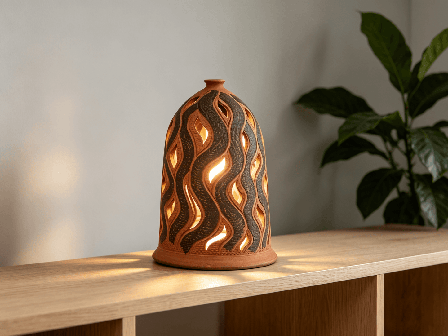 Bohemian Hollow Leaf Pattern Terracotta Lampshade, Handcrafted Clay Lampshade, Yunnan Gengga Pottery