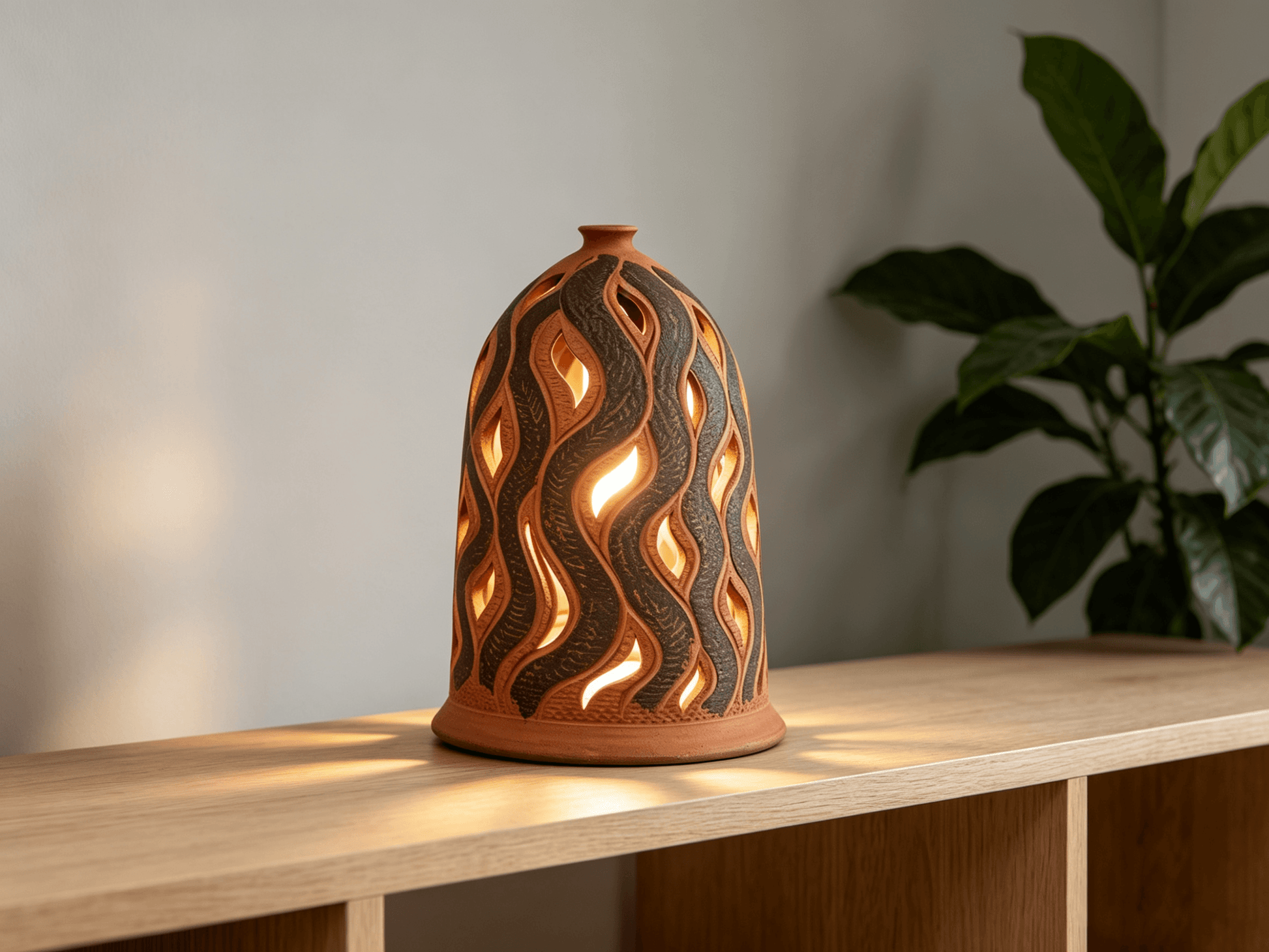 Bohemian Hollow Leaf Pattern Terracotta Lampshade, Handcrafted Clay Lampshade, Yunnan Gengga Pottery