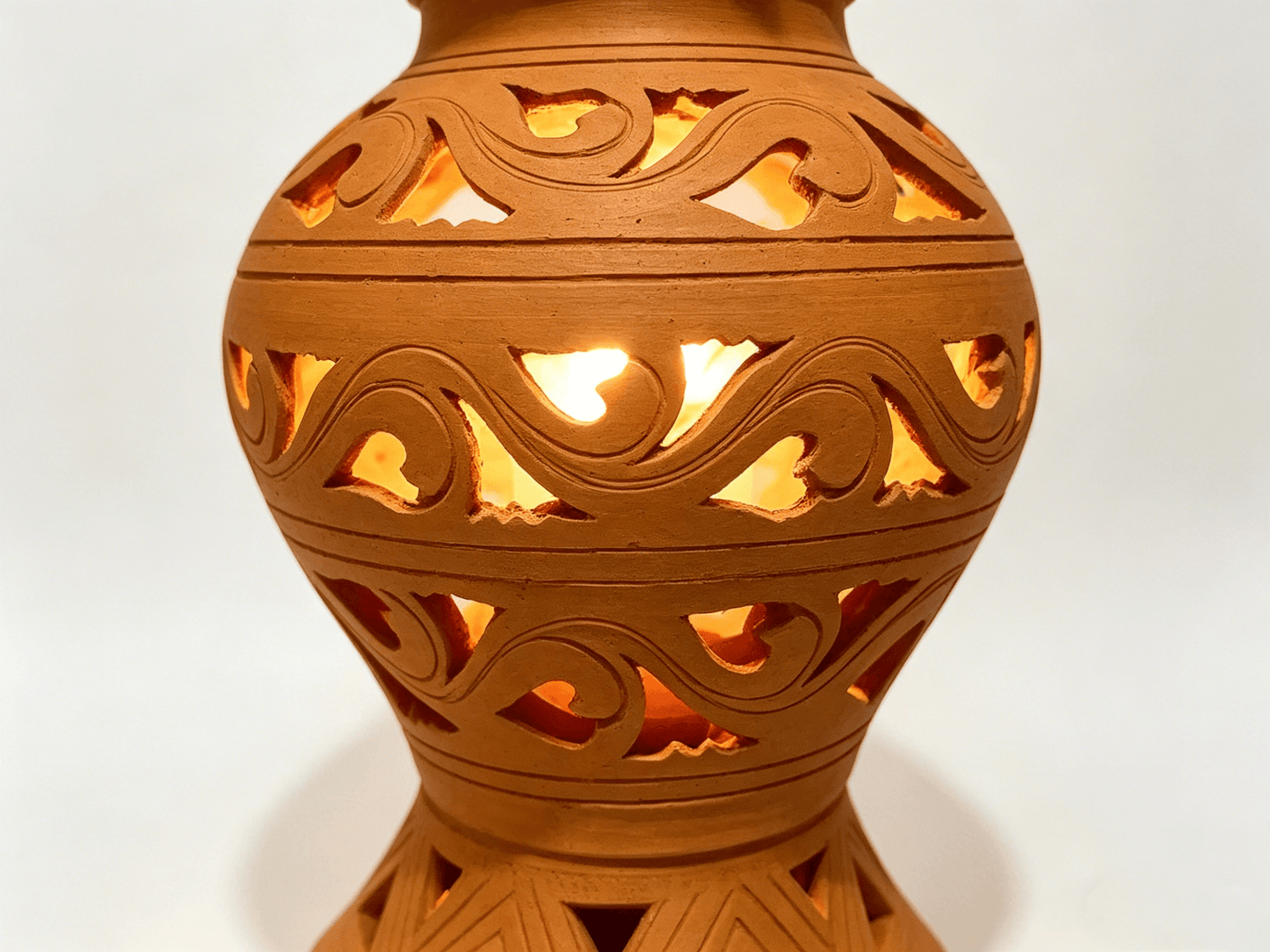 Hand-Carved Terracotta Lantern with Heart Cutouts, Yunnan Handcrafted Clay Lantern, Indoor Outdoor Lighting