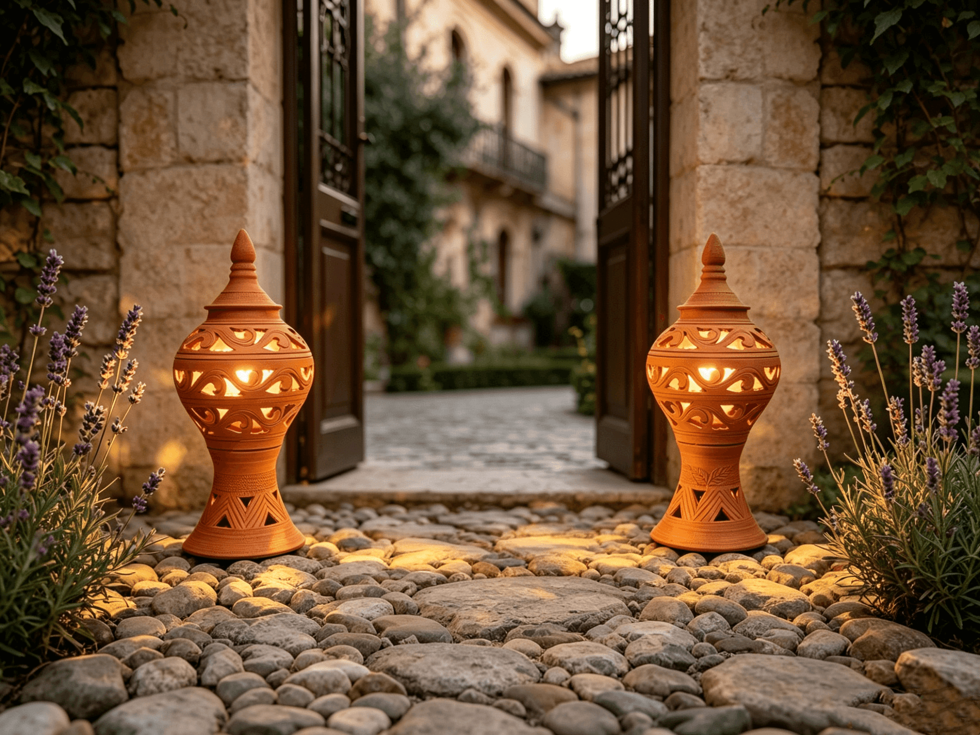 Hand-Carved Terracotta Lantern with Heart Cutouts, Yunnan Handcrafted Clay Lantern, Indoor Outdoor Lighting