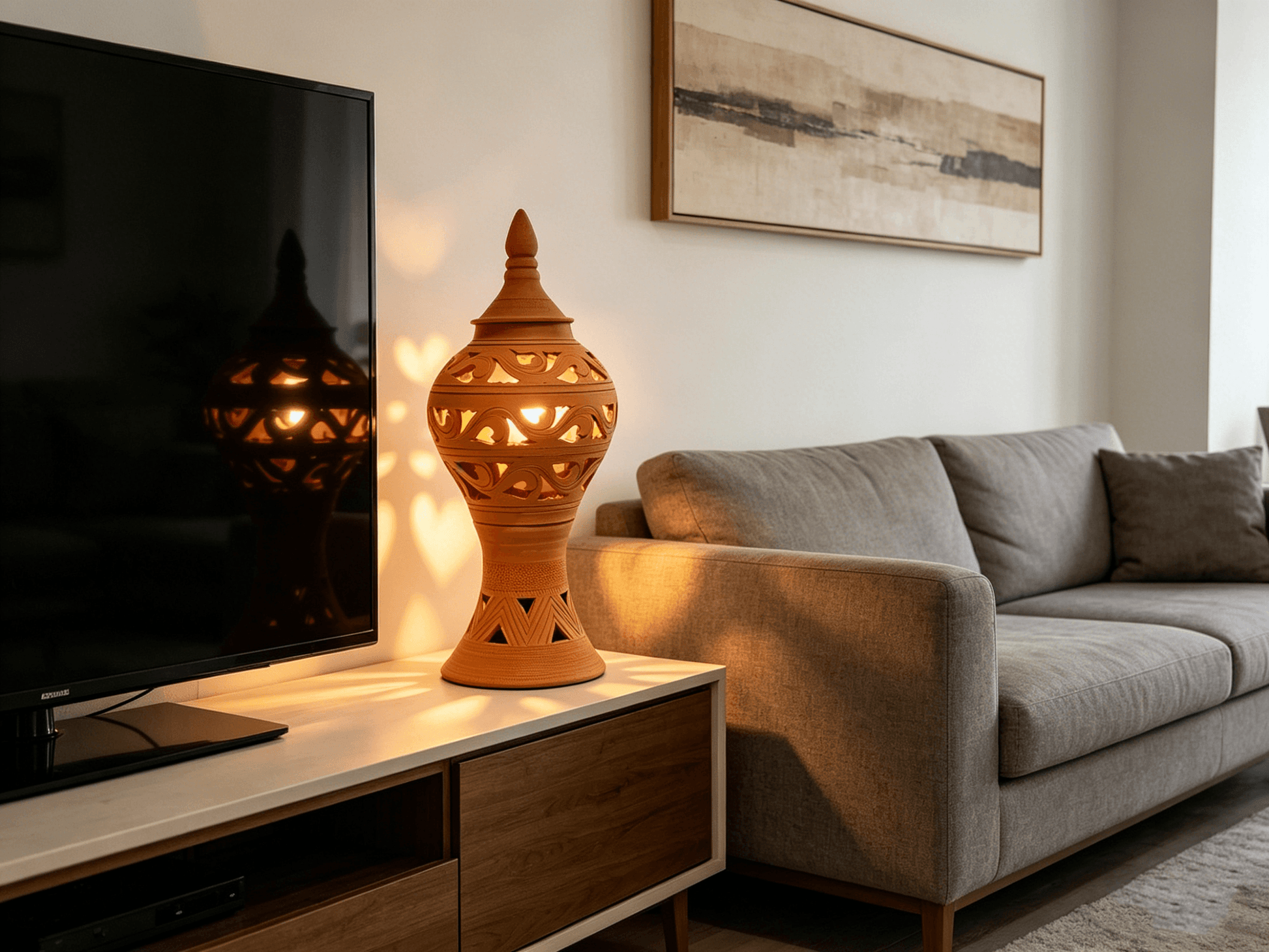 Hand-Carved Terracotta Lantern with Heart Cutouts, Yunnan Handcrafted Clay Lantern, Indoor Outdoor Lighting