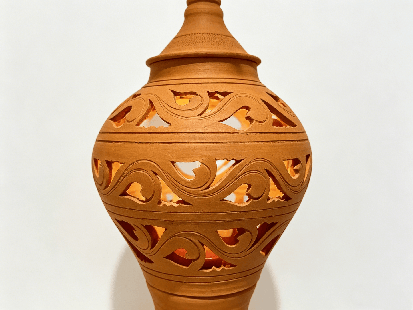 Hand-Carved Terracotta Lantern with Heart Cutouts, Yunnan Handcrafted Clay Lantern, Indoor Outdoor Lighting