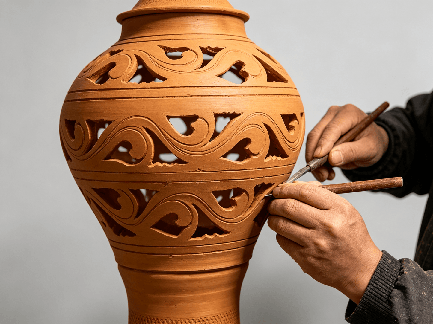 Hand-Carved Terracotta Lantern with Heart Cutouts, Yunnan Handcrafted Clay Lantern, Indoor Outdoor Lighting