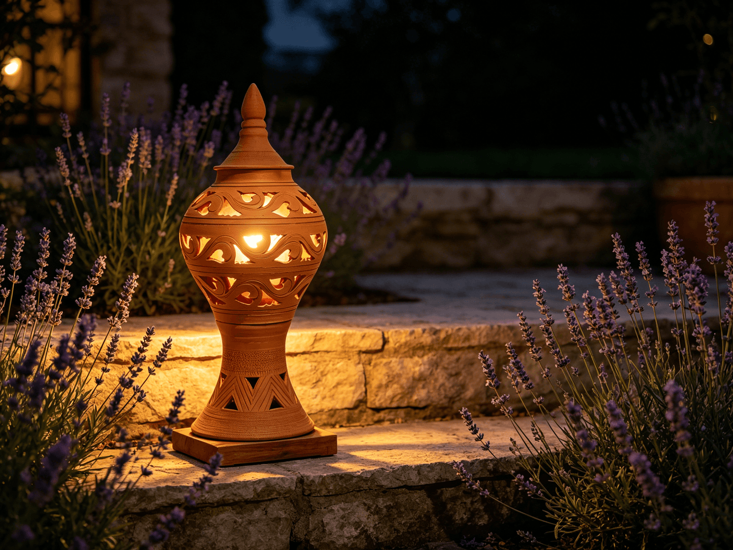 Hand-Carved Terracotta Lantern with Heart Cutouts, Yunnan Handcrafted Clay Lantern, Indoor Outdoor Lighting