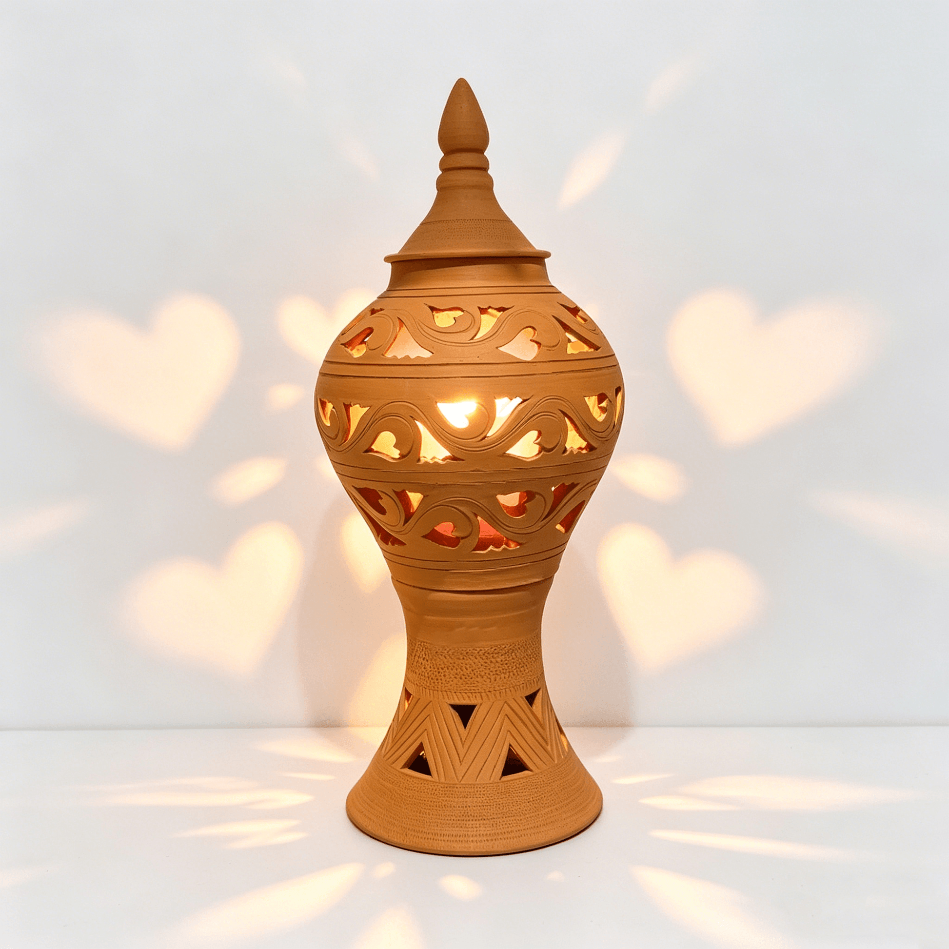 Hand-Carved Terracotta Lantern with Heart Cutouts, Yunnan Handcrafted Clay Lantern, Indoor Outdoor Lighting