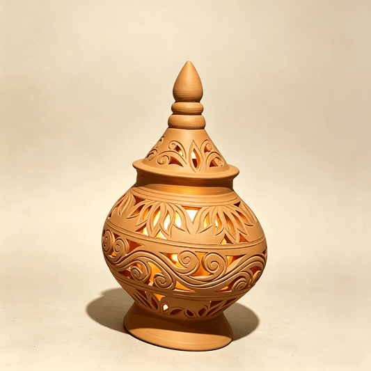 Hand Carved Hollow Out Terracotta Lantern, Yunnan Intangible Cultural Heritage Pottery, Handcrafted Clay Decor